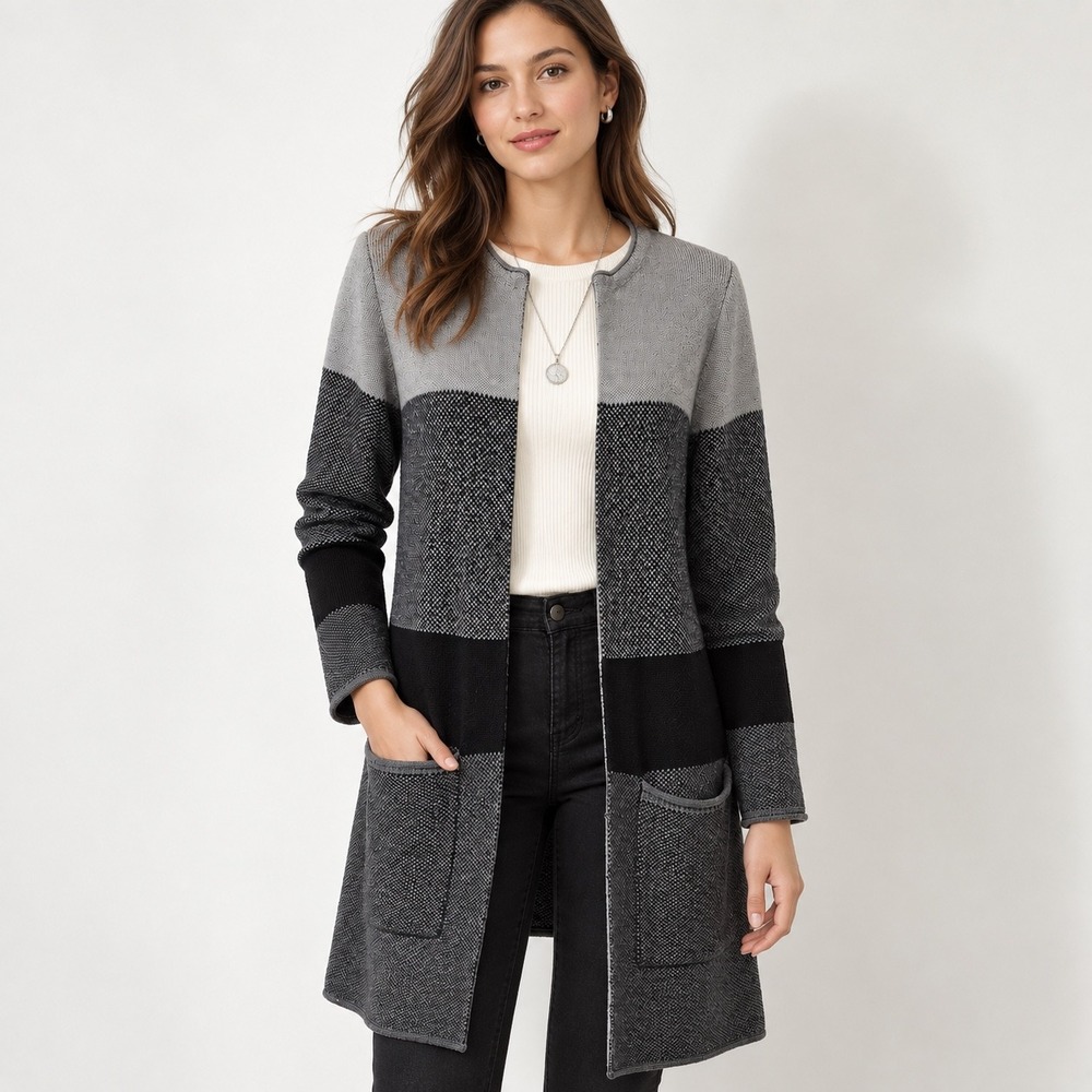 Christopher & Banks Cardigan PM Grey Black Colorblock Longline Open Sweater